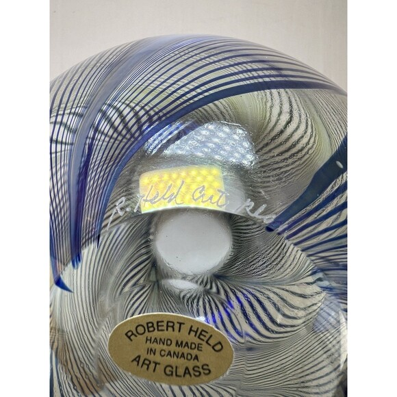 Vtg Robert Held Clear Iridescent Pulled Feather Blue White Round Vase 7” Signed - Picture 7 of 8